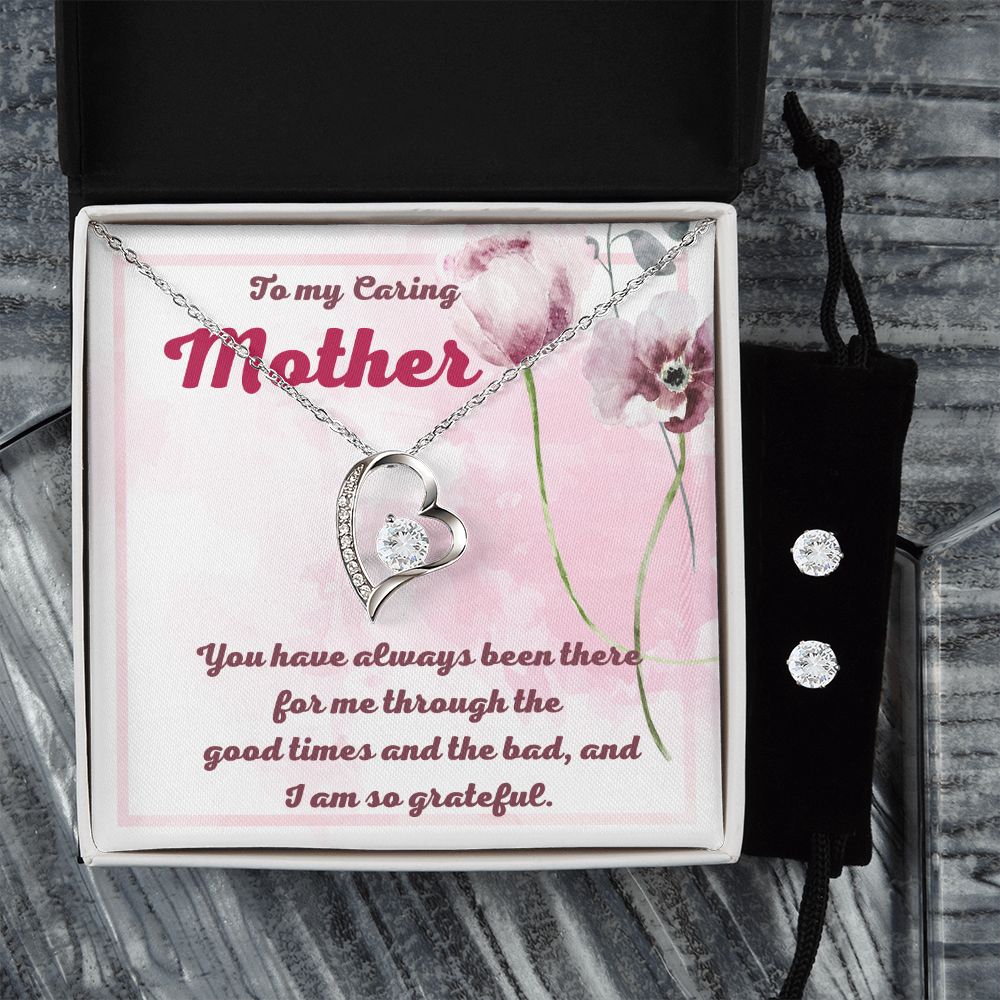 To My Caring Mother Forever Love Necklace and Cubic Zirconia Earring Set