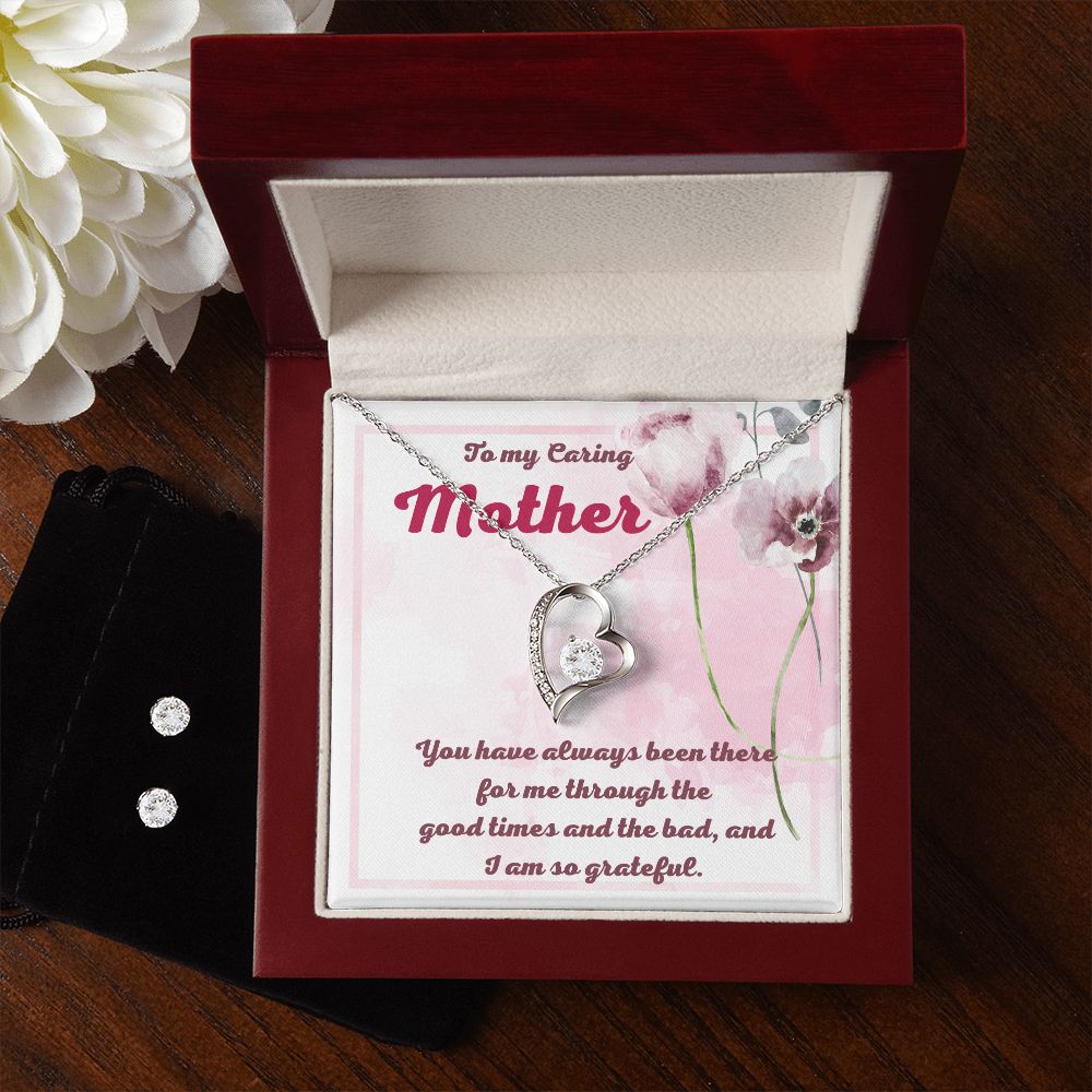 To My Caring Mother Forever Love Necklace and Cubic Zirconia Earring Set