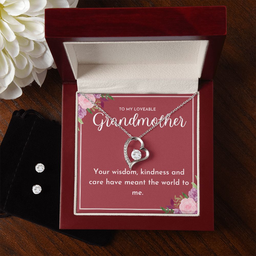 To My Loveable Grandmother- Forever Love Necklace and Cubic Zirconia Earring Set