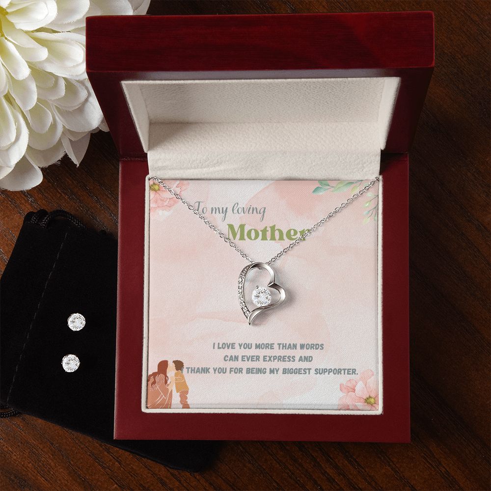 To My Loving Mother, I Love you More than Words Forever Love Necklace and Cubic Zirconia Earring Set