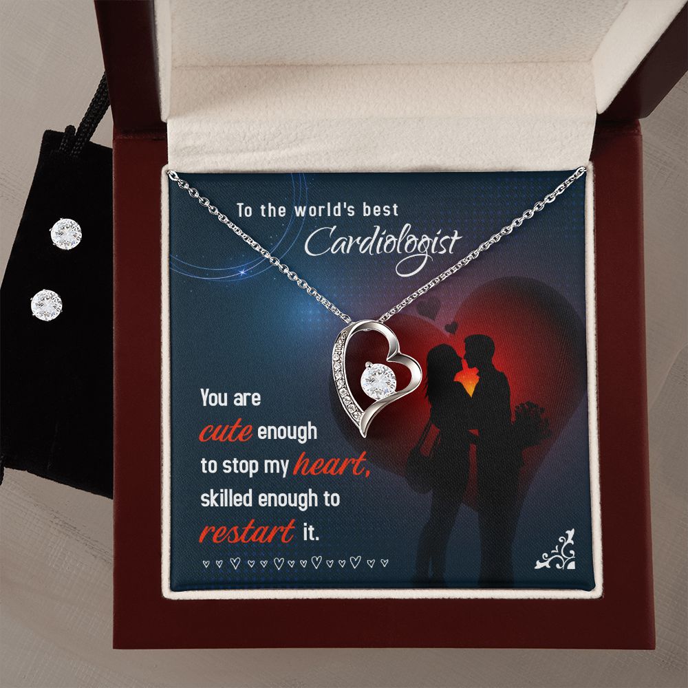 To The world's best Cardiologist Cute enough to stop Forever Love Necklace and Cubic Zirconia Earring Set