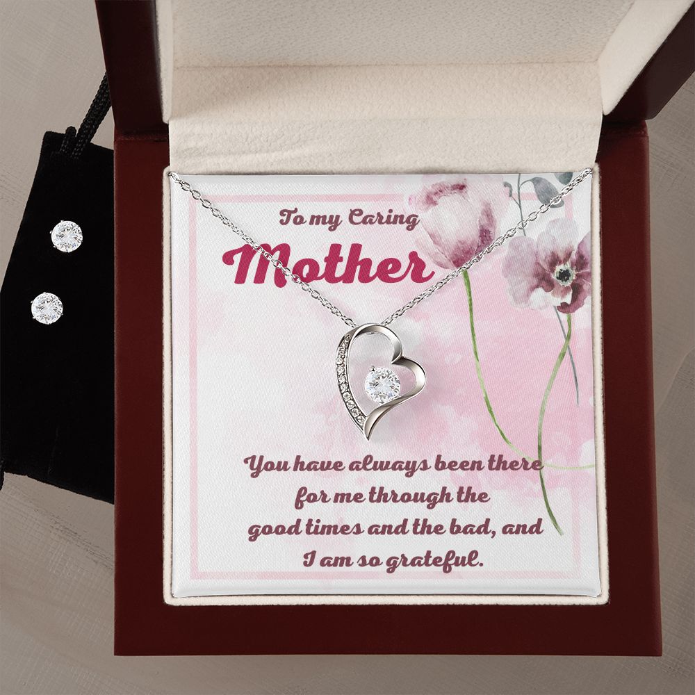 To My Caring Mother Forever Love Necklace and Cubic Zirconia Earring Set