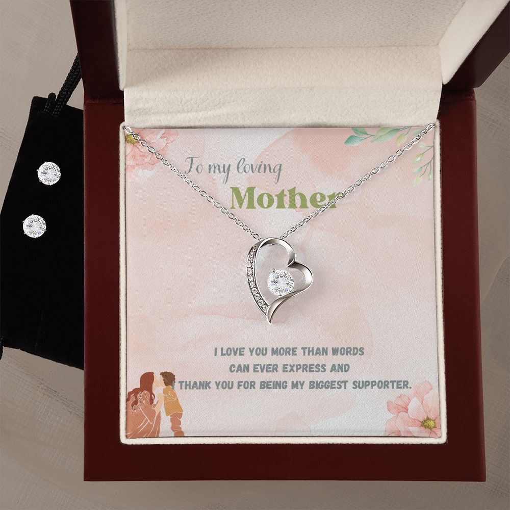 To My Loving Mother, I Love you More than Words Forever Love Necklace and Cubic Zirconia Earring Set