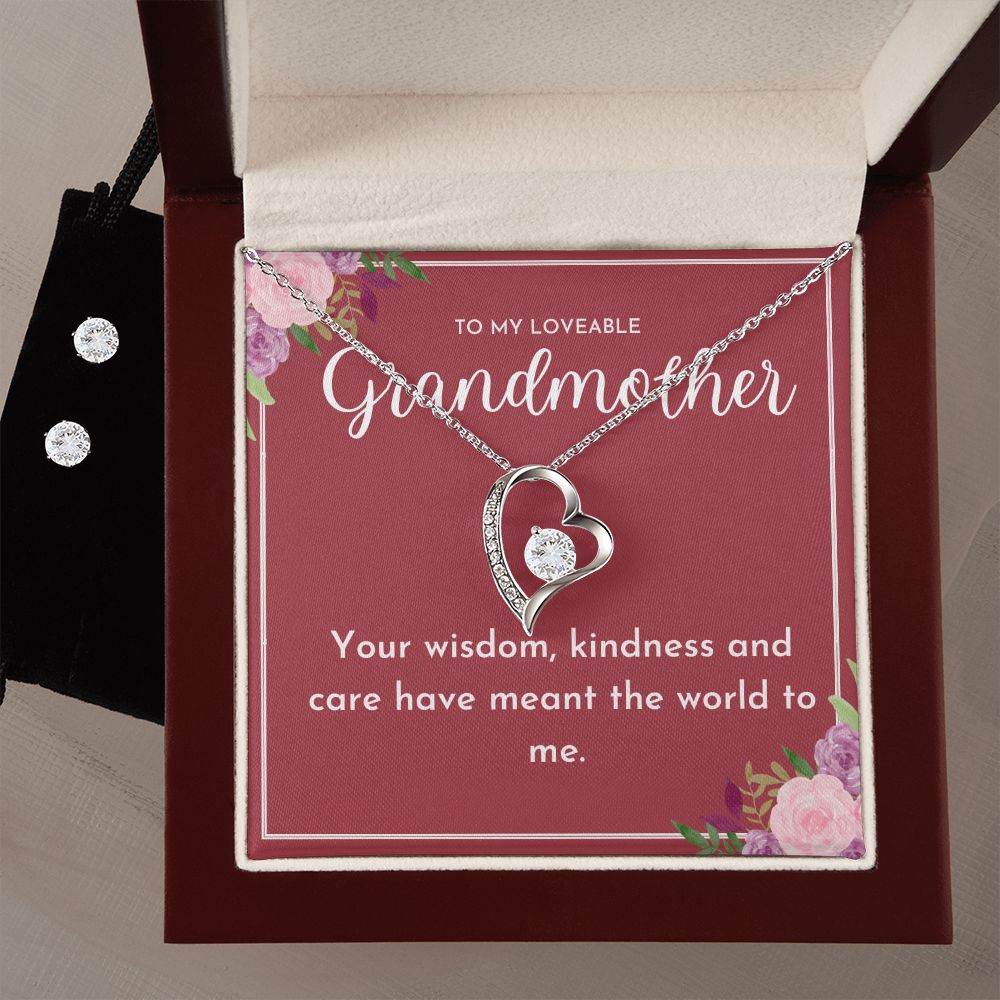 To My Loveable Grandmother- Forever Love Necklace and Cubic Zirconia Earring Set