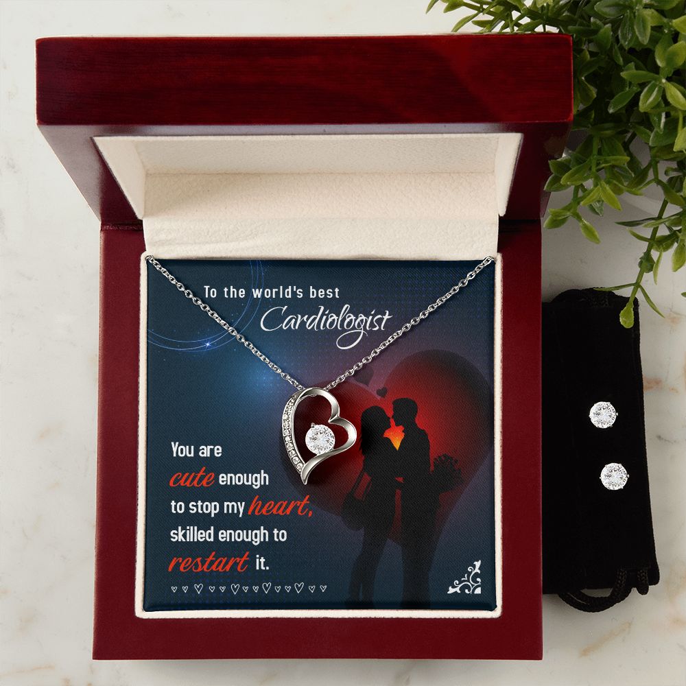 To The world's best Cardiologist Cute enough to stop Forever Love Necklace and Cubic Zirconia Earring Set