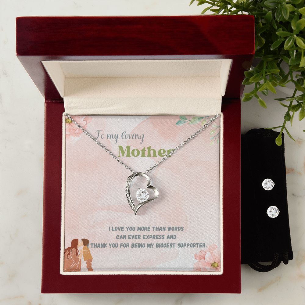 To My Loving Mother, I Love you More than Words Forever Love Necklace and Cubic Zirconia Earring Set