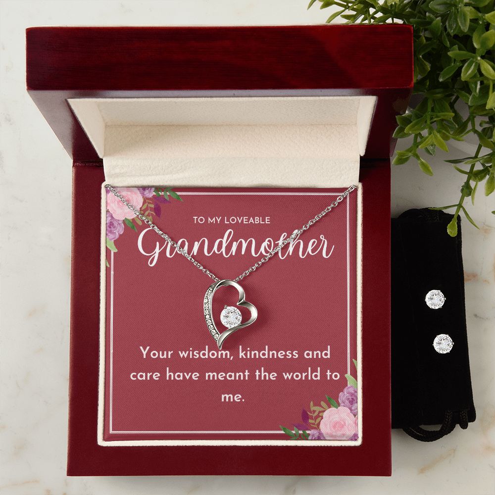 To My Loveable Grandmother- Forever Love Necklace and Cubic Zirconia Earring Set