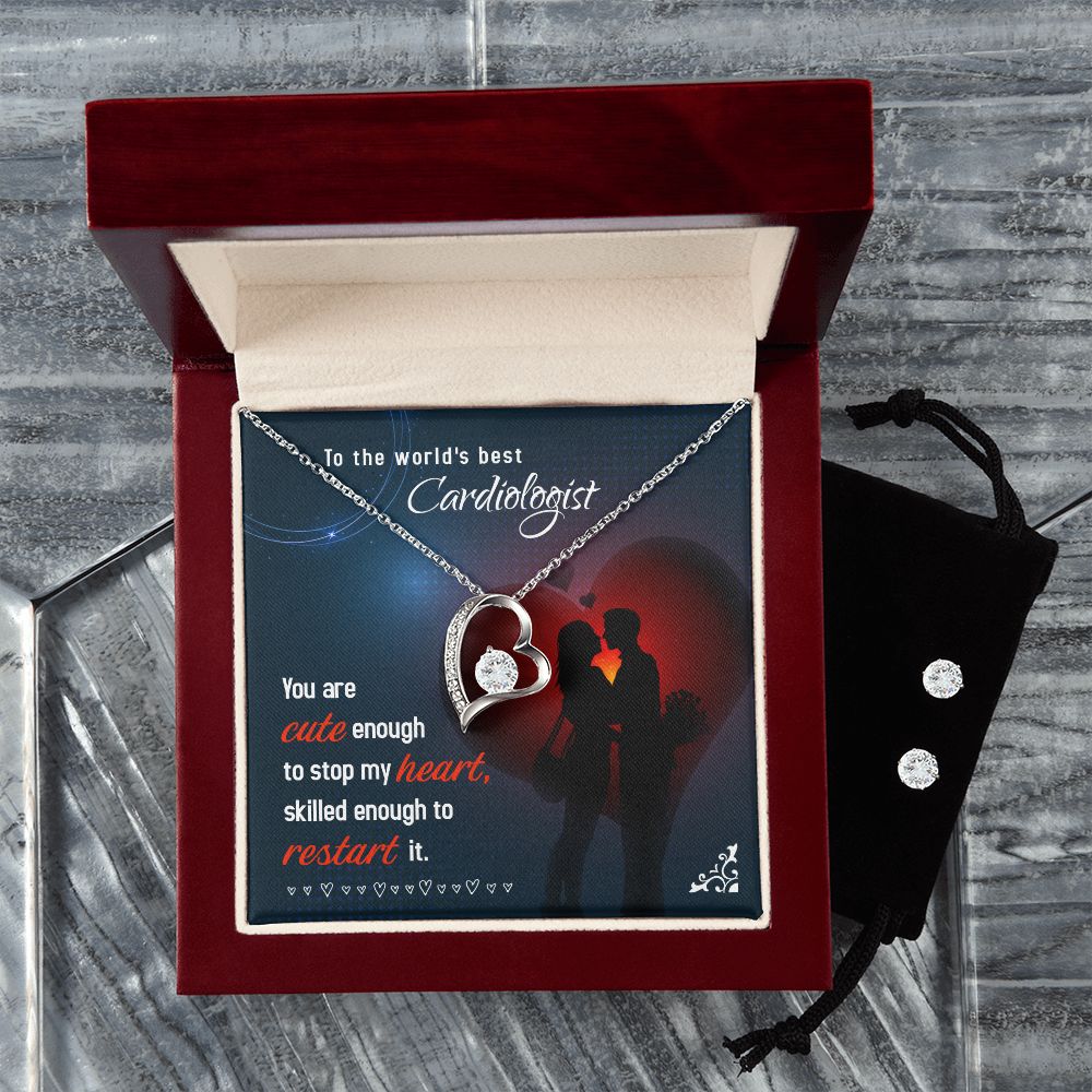To The world's best Cardiologist Cute enough to stop Forever Love Necklace and Cubic Zirconia Earring Set