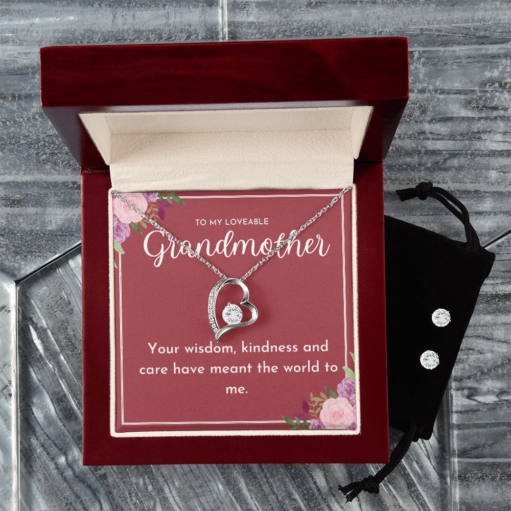 To My Loveable Grandmother- Forever Love Necklace and Cubic Zirconia Earring Set