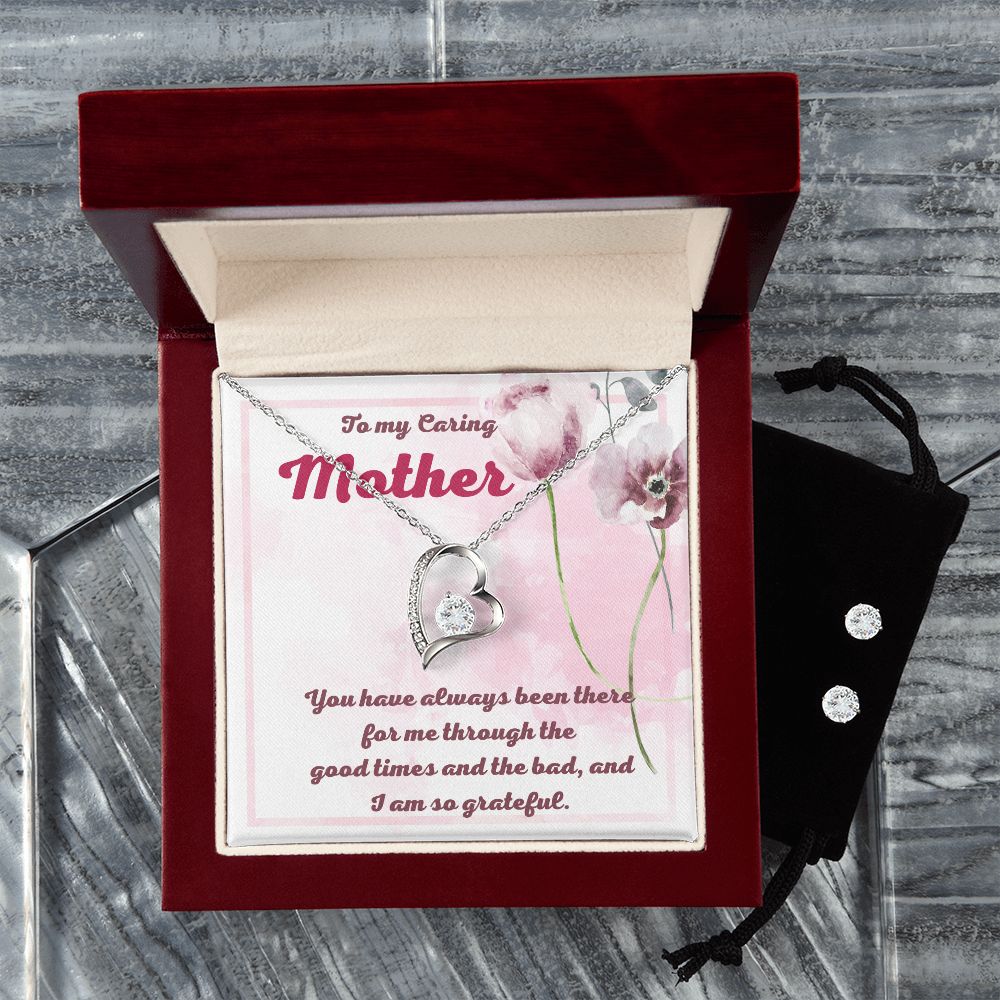 To My Caring Mother Forever Love Necklace and Cubic Zirconia Earring Set