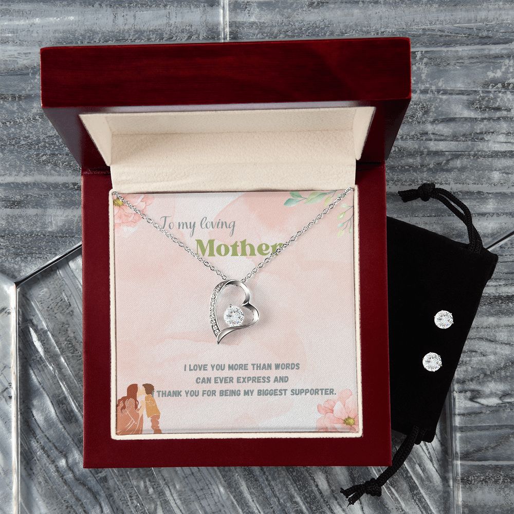 To My Loving Mother, I Love you More than Words Forever Love Necklace and Cubic Zirconia Earring Set