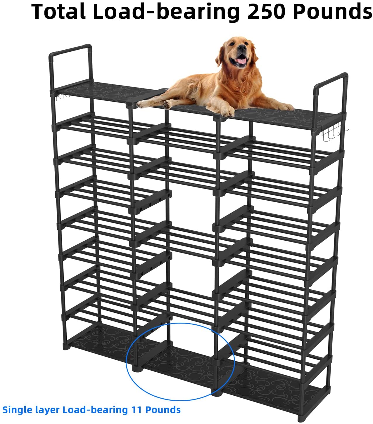 Large Metal Shoe Rack, 50-55 Pairs w/ Hooks-Black