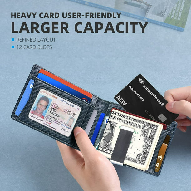 Wallet for Men Slim, Genuine Leather RFID Blocking Credit Card Holder w/ Money Clip, Black
