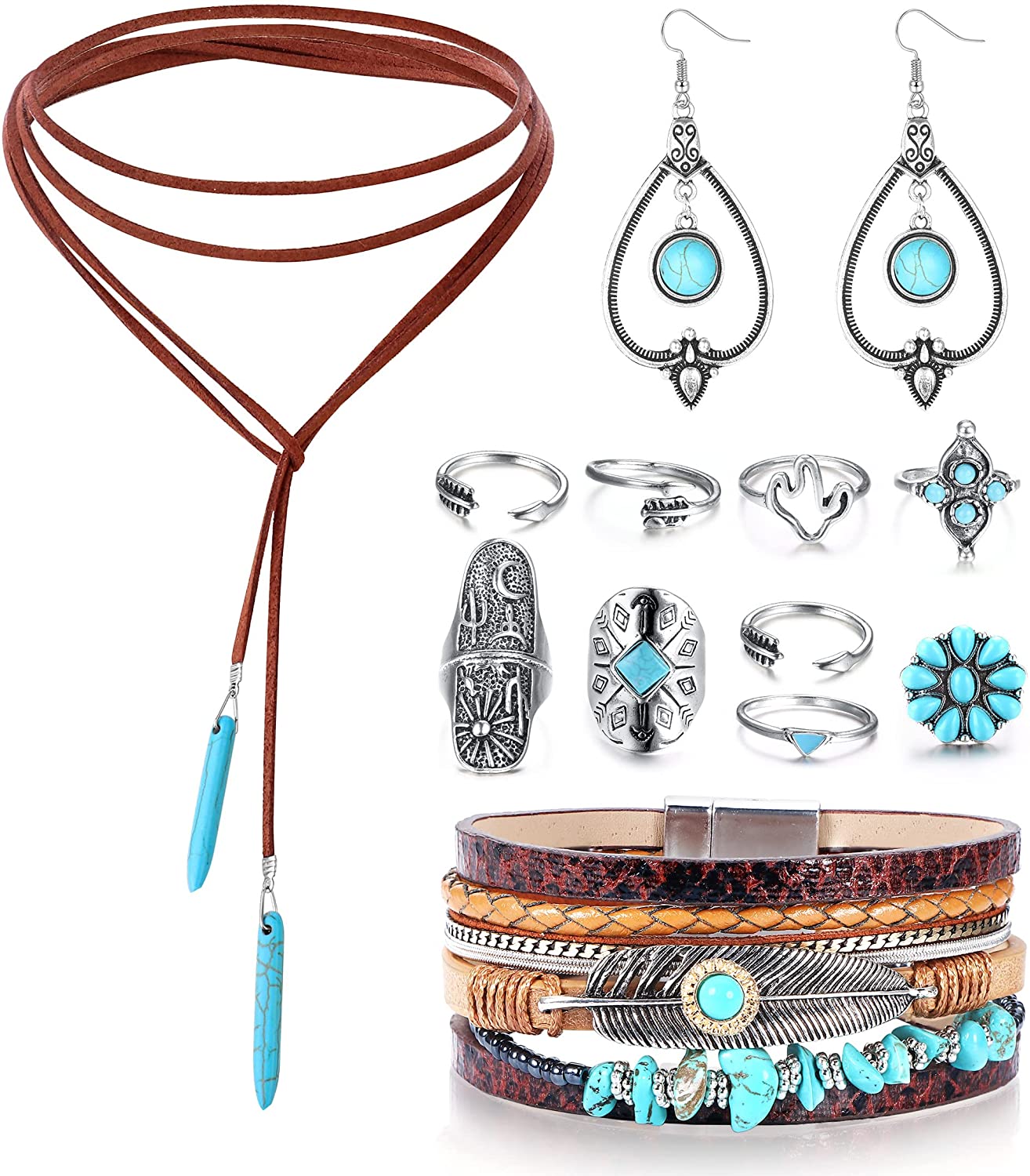 Bohemian Turquoise Pendant Suede Long Choker Necklace Vintage Dangle Earrings Boho Cuff Bracelet with Stackable Knuckle Rings Set