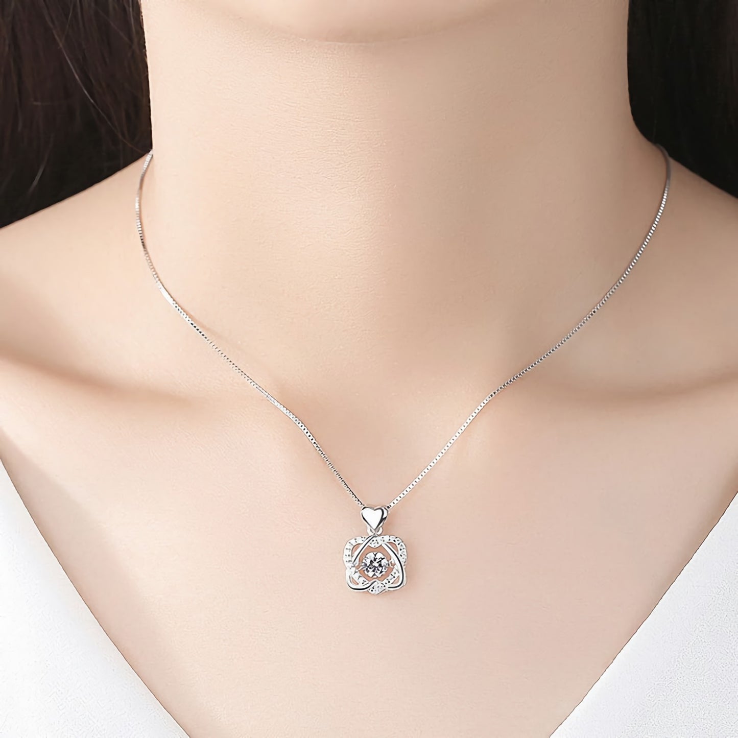925 Sterling Silver Beating Double Heart Pendant Necklace for Women