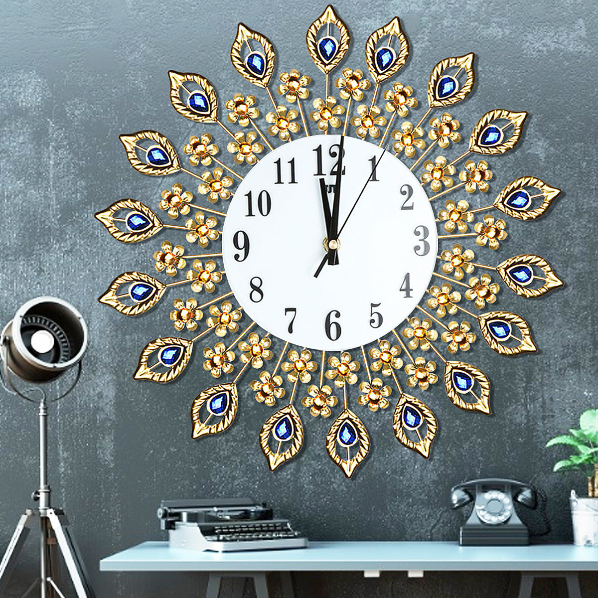 15" Large 3D Wall Clock Watch w/ Peacock Diamonds for Home Decoration
