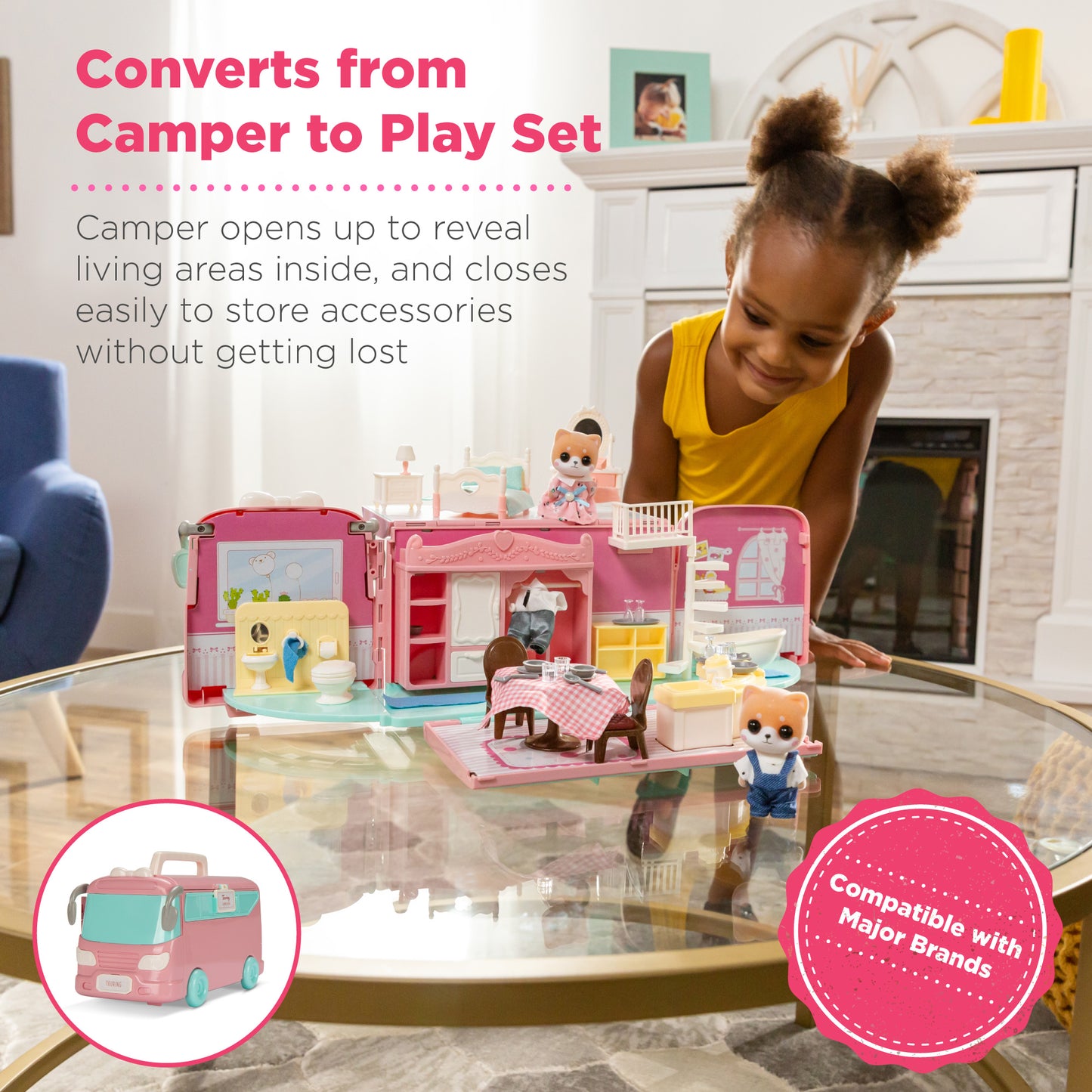 Camper Van Playset Dollhouse Toy w/ 54 Accessories & Tiny Critters for Kids