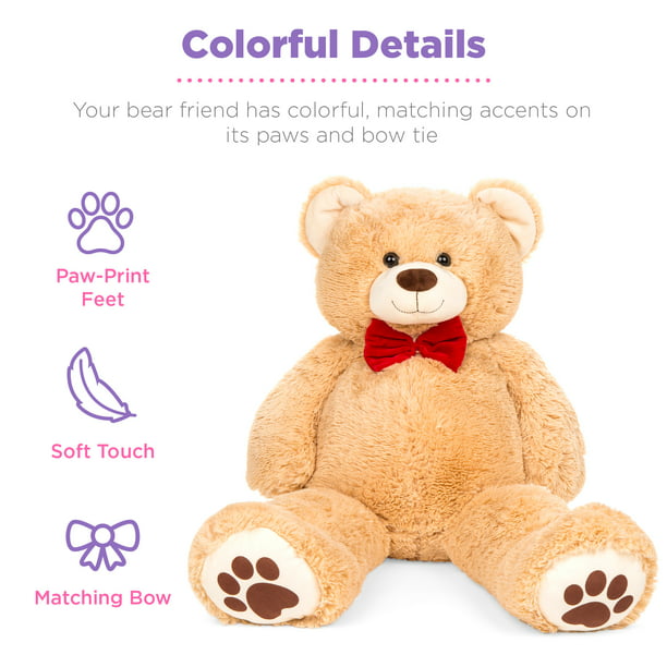 38in Giant Soft Plush Teddy Bear w/ Bow Tie, Footprints - Brown