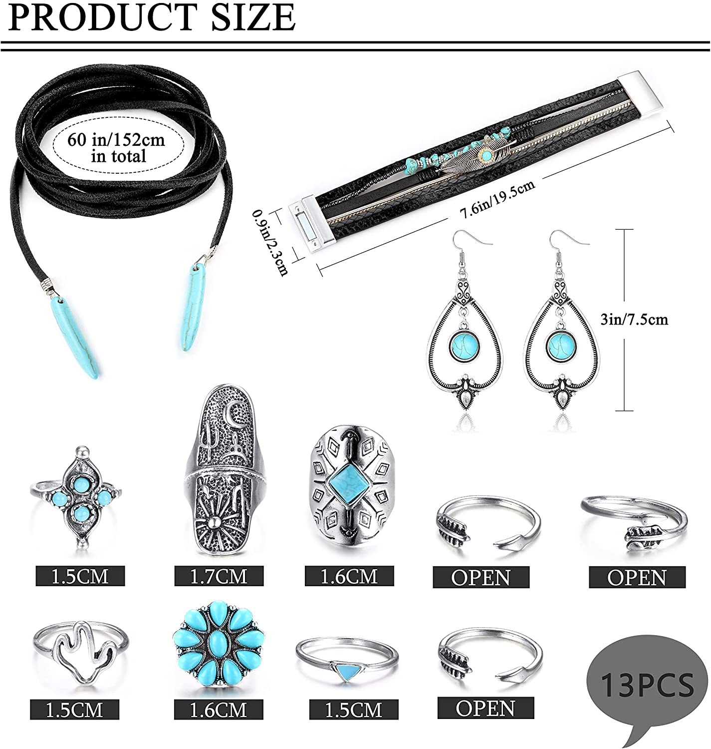 Bohemian Turquoise Pendant Suede Long Choker Necklace Vintage Dangle Earrings Boho Cuff Bracelet with Stackable Knuckle Rings Set