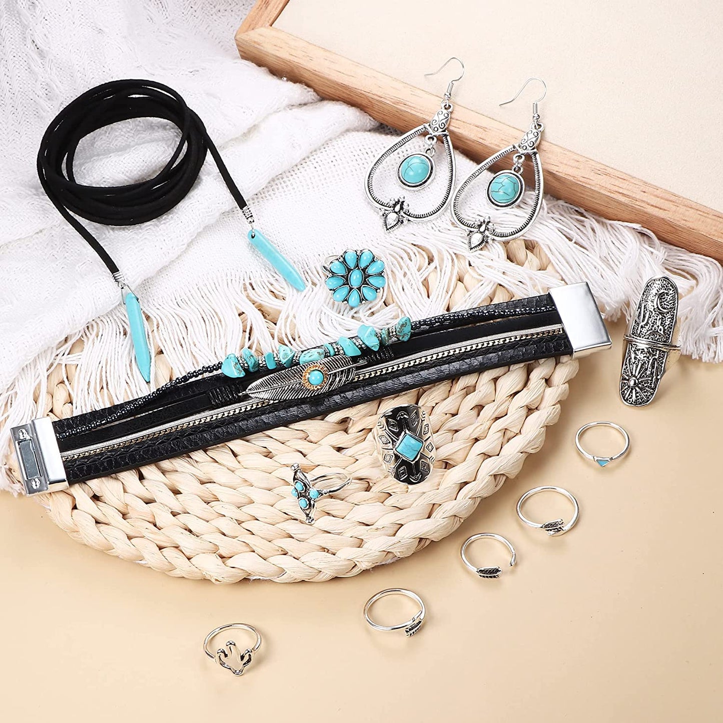 Bohemian Turquoise Pendant Suede Long Choker Necklace Vintage Dangle Earrings Boho Cuff Bracelet with Stackable Knuckle Rings Set