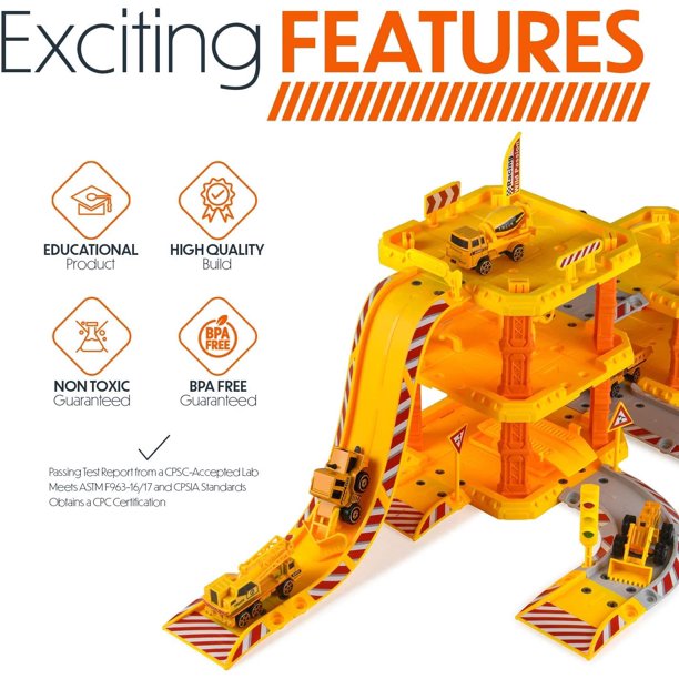 Yellow Construction Toys Cars Playsets with Garage Track 6 Construction Trucks Vehicles 2 Little Construction Workers 1 Helicopter Best Gift for Boys Kids