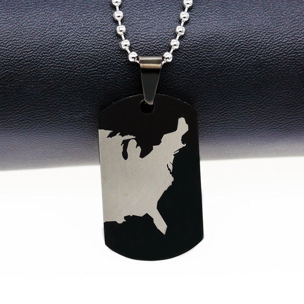 Cool American Map Double Side Pendant Necklace- Black Titanium His Queen Her King Couples Pairs Necklaces