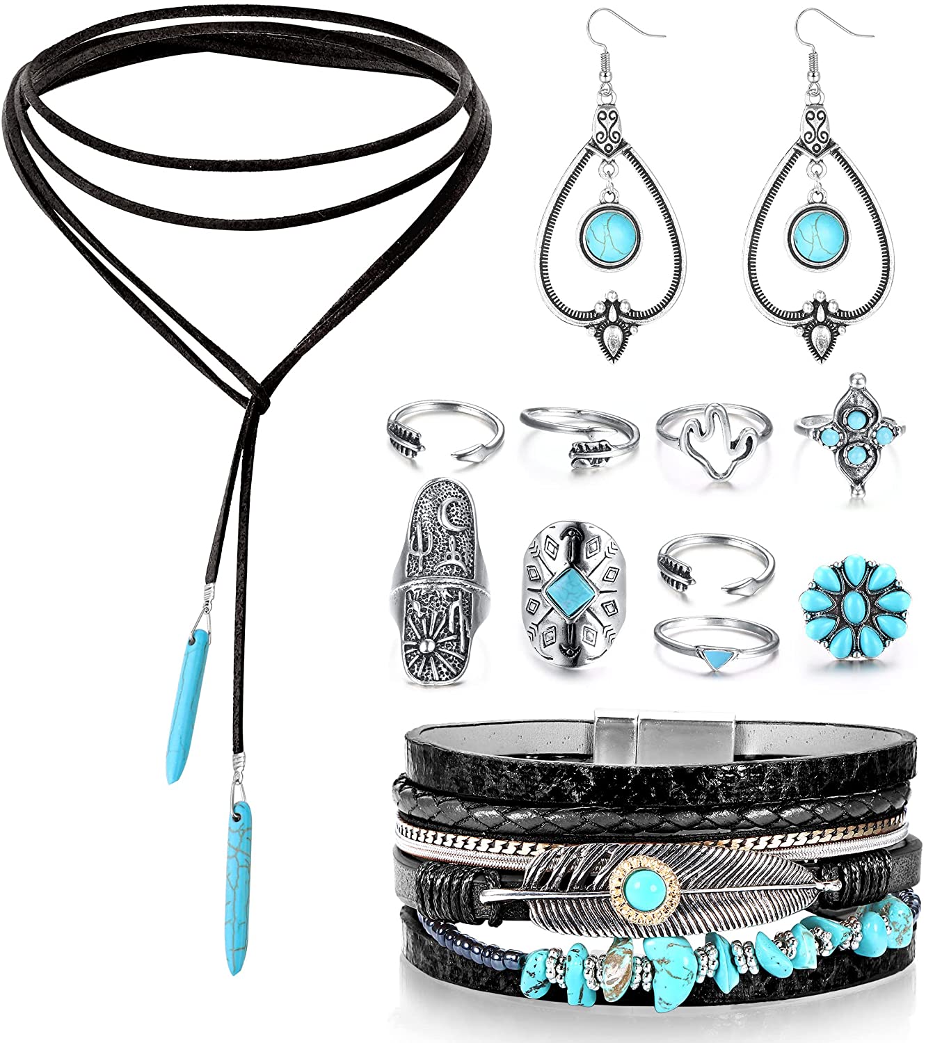 Bohemian Turquoise Pendant Suede Long Choker Necklace Vintage Dangle Earrings Boho Cuff Bracelet with Stackable Knuckle Rings Set