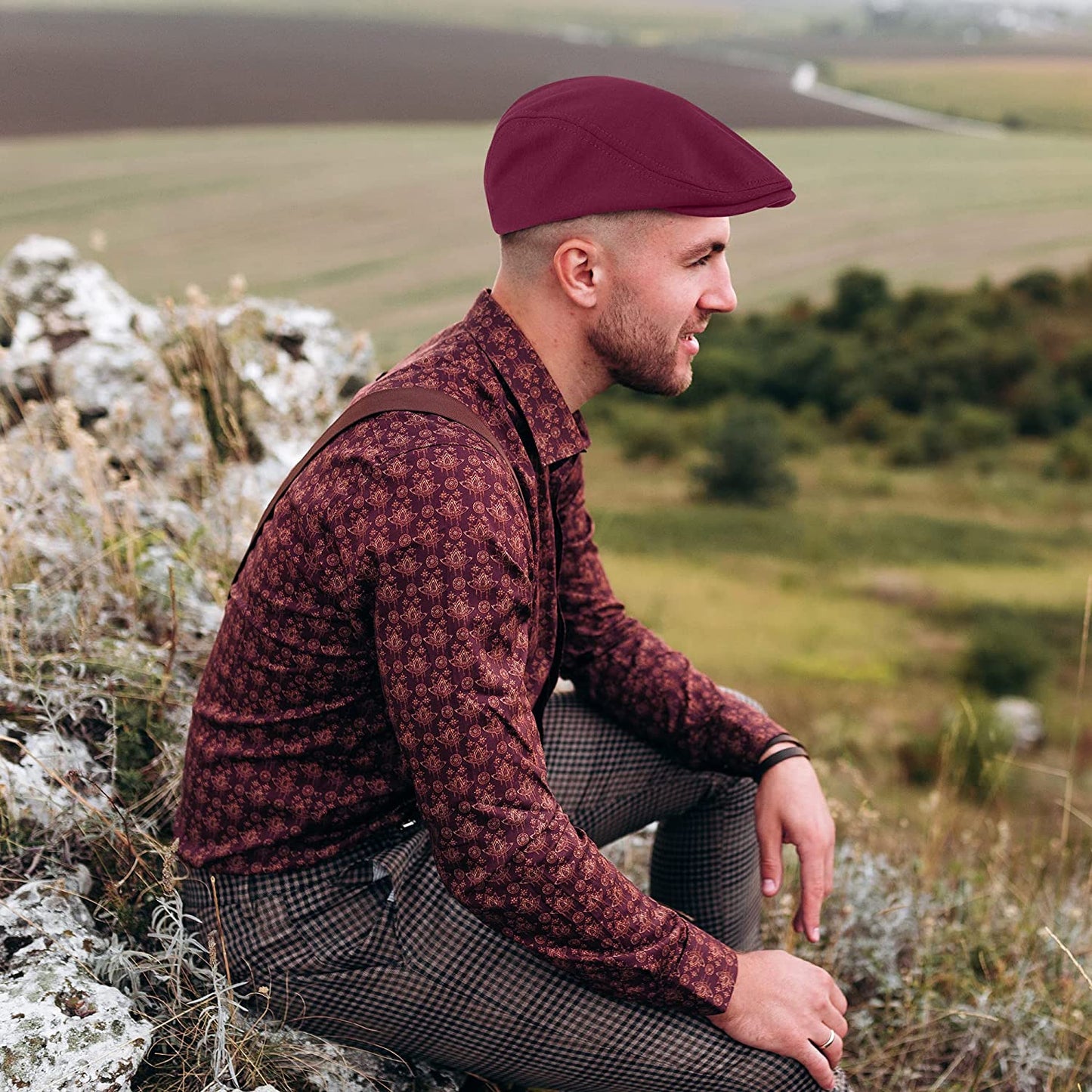 4 Piece Newsboy Men's Hat: Dark Grey-Navy Blue, Black, Wine