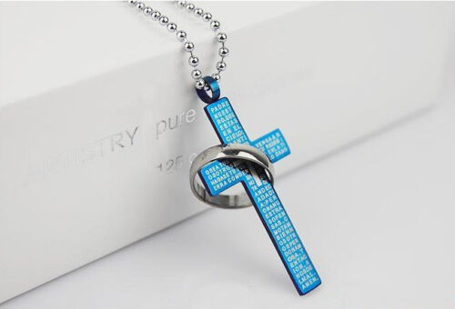 Men Stainless Steel Bible Lords Prayer Cross Pendant Charm Lucky Necklace-Blue