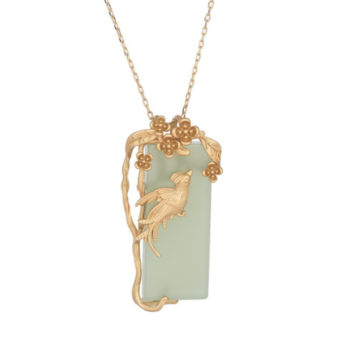 Jade Gem Jewelry Phoenix Bird Charm Pendant With Chain Necklace 18K Gold Plated