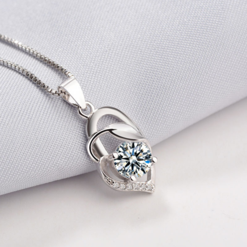 Sterling Silver Leaf Amethyst Heart Cubic Zirconia CZ Pendant Chain L11