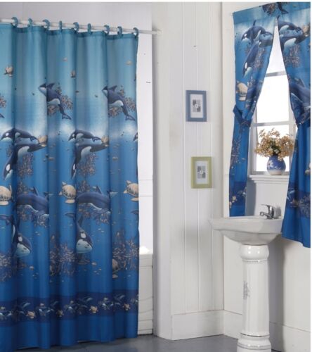 Shower Curtain Drapes Bathroom Window Set w/ Liner Rings