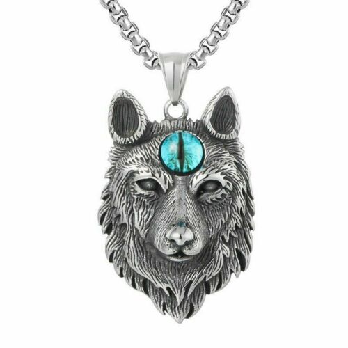 Mens Spiritual Evil Eye Wolf Head Pendant Necklace Stainless Steel Chain Gift