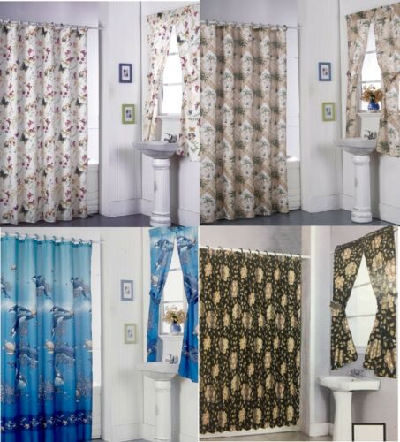 Shower Curtain Drapes Bathroom Window Set w/ Liner Rings