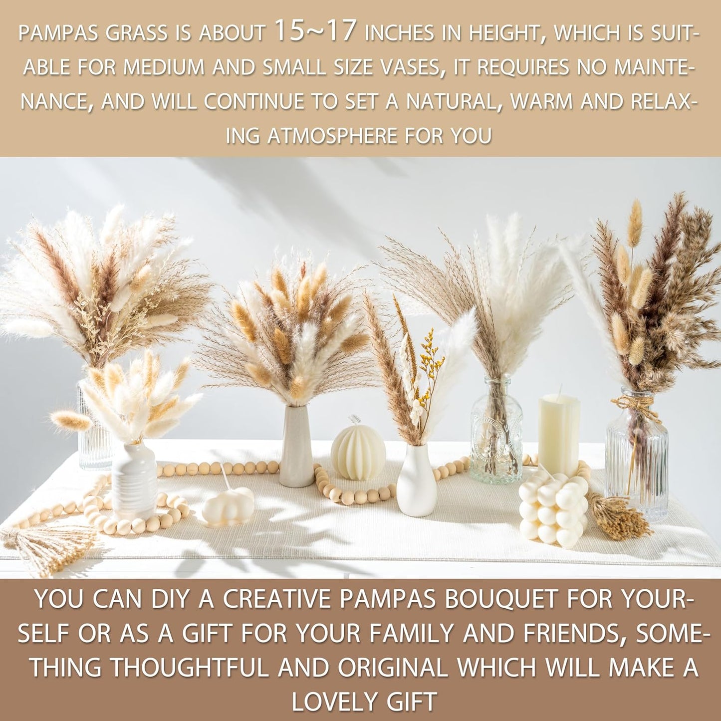 Natural Dried Pampas Grass Boho Home Decor Bouquet Phragmites Dried Flowers Bouquet for Wedding Floral Arrangements Home Decorations (120PCS)