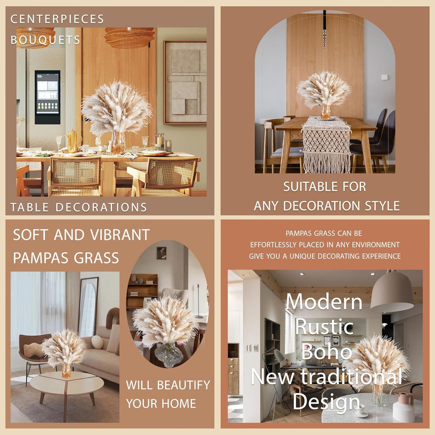 Natural Dried Pampas Grass Boho Home Decor Bouquet Phragmites Dried Flowers Bouquet for Wedding Floral Arrangements Home Decorations (120PCS)