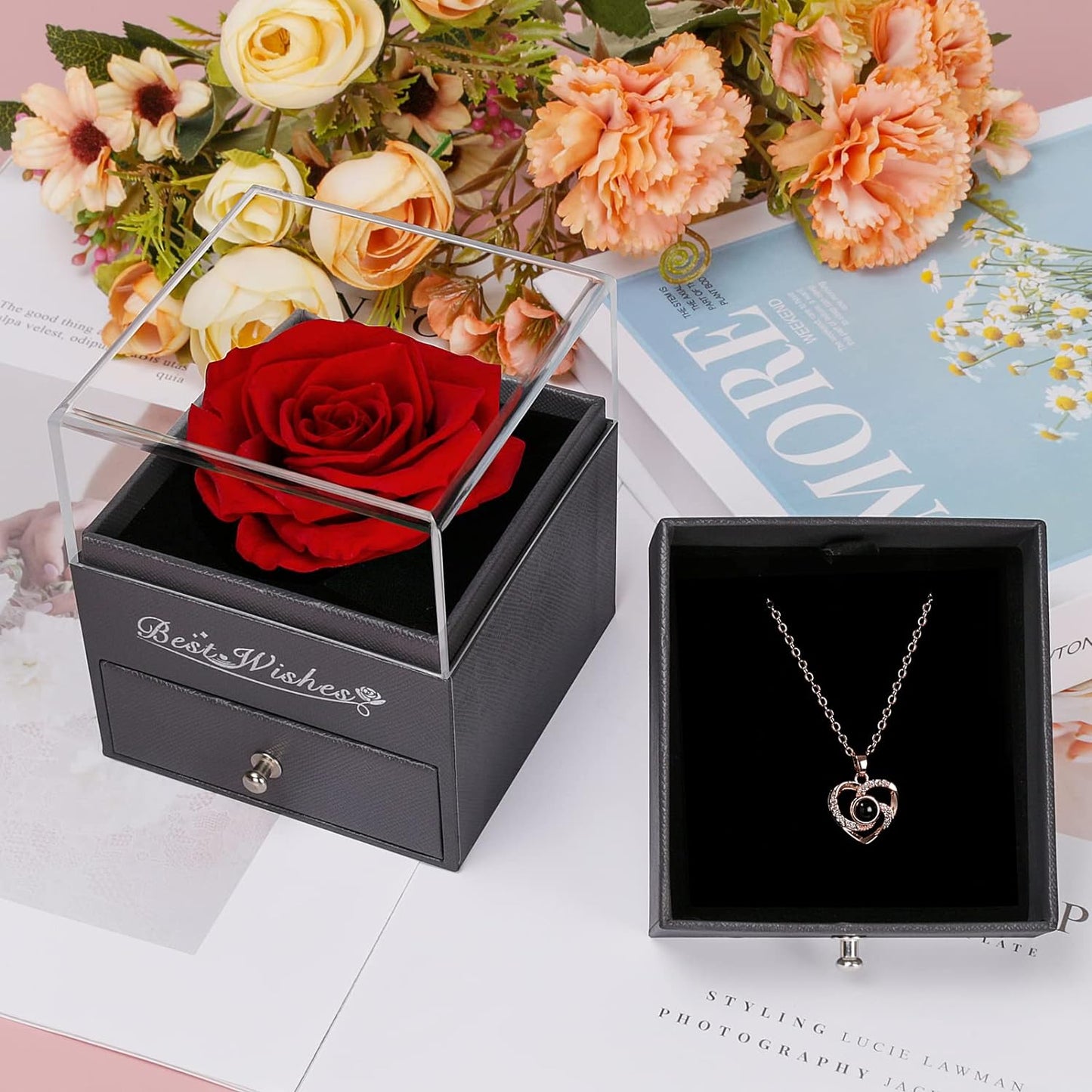 Birthday Gifts for Women,Valentines Day Gifts for Her,Womens Gifts for Valentines,Preserved Red Rose Gifts for Mom,Real Rose Gifts with 100 Language Necklace for Wife,Her,Women,Mom,Grandma,Mothers Day
