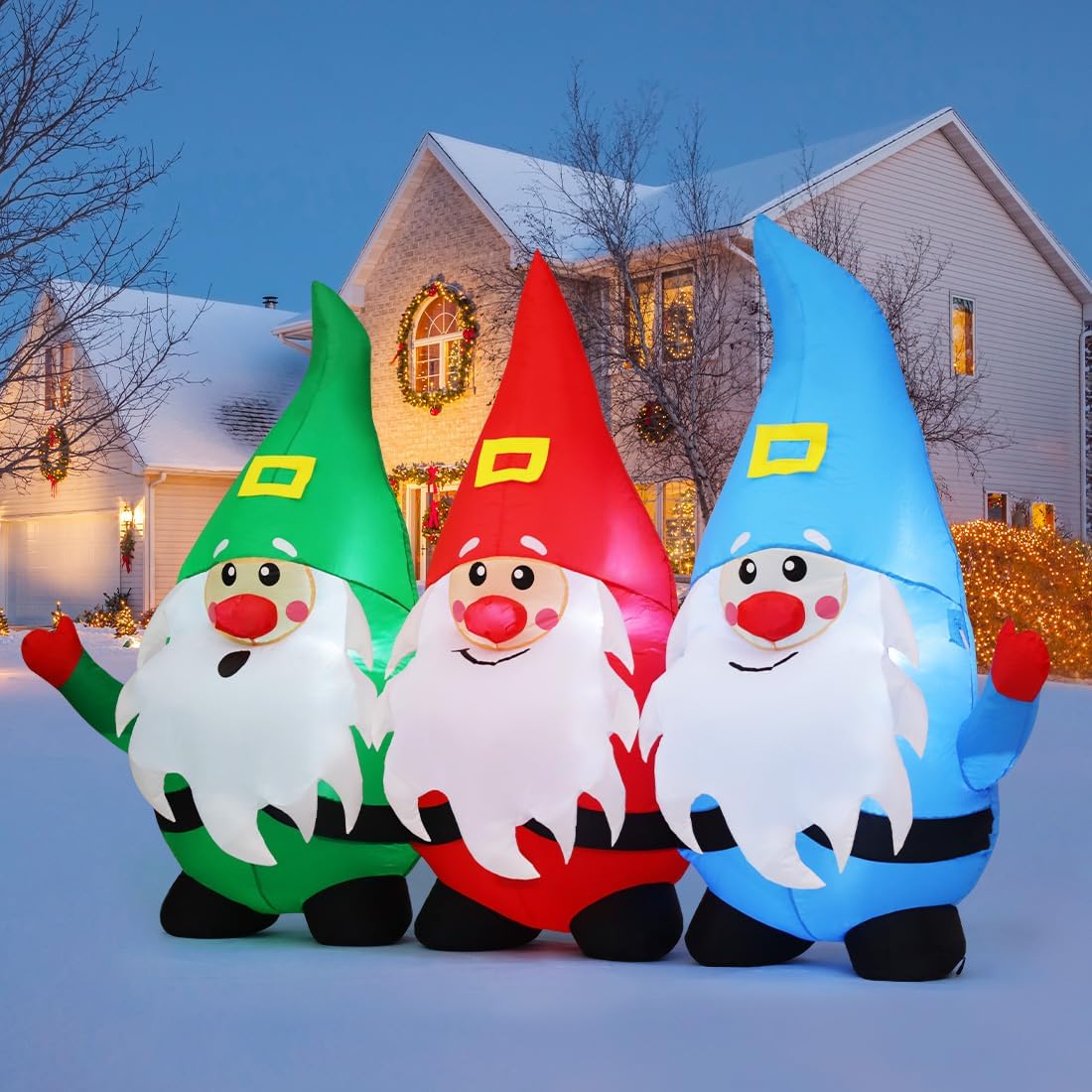 7.5 FT Christmas Inflatable Gnomes Outdoor Decoration Blow Up Yard Three Midgets Holding Hands with Built-in LEDs for Indoor Party Garden Lawn Decor