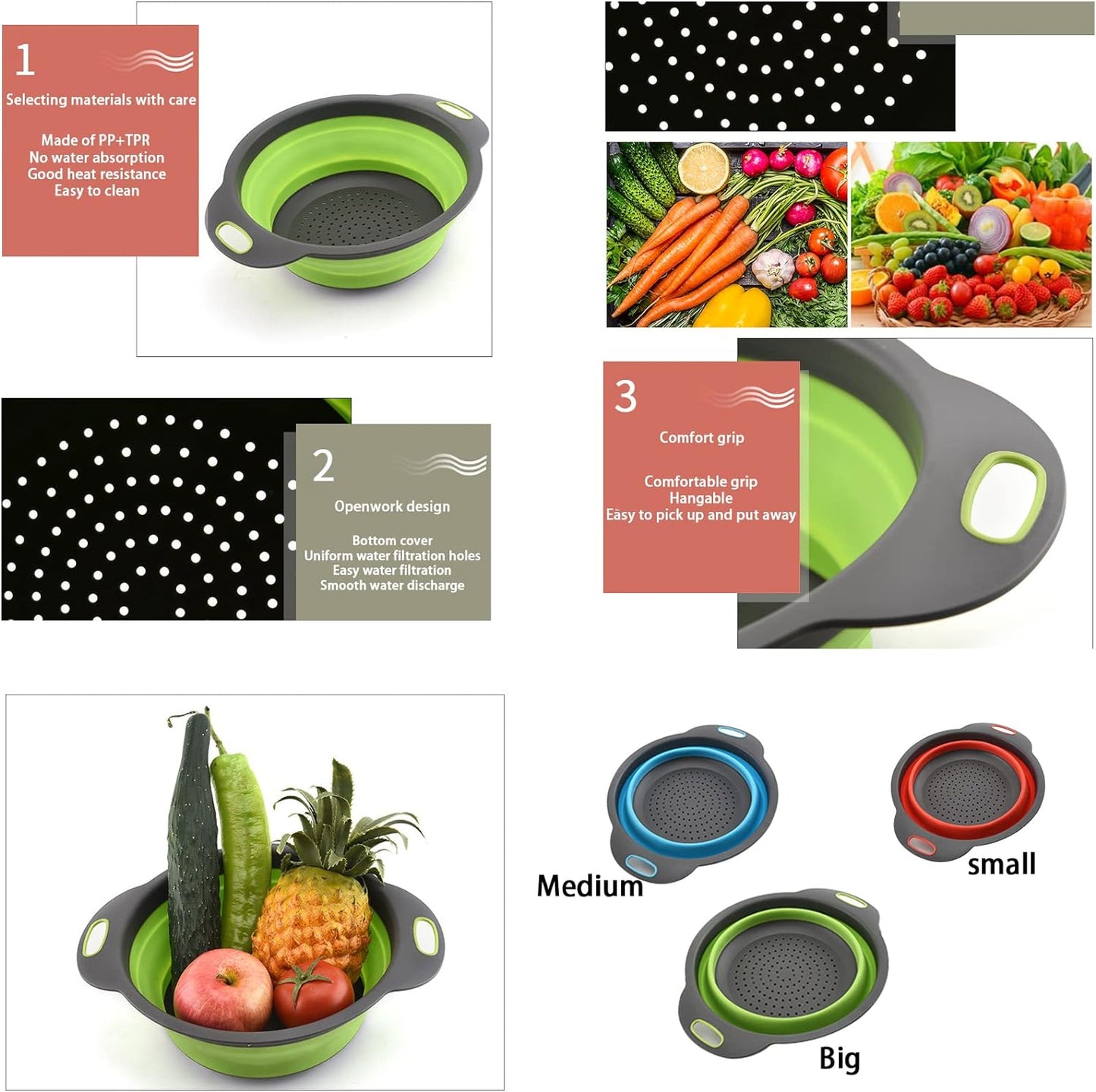 Foldable Silicone Large Food Strainer Set (3 Pieces) - Perfect for Draining Pasta, Noodles, Veggies and Fruits - Foldable Kitchen Colander Kit. (Green, blue, purple)