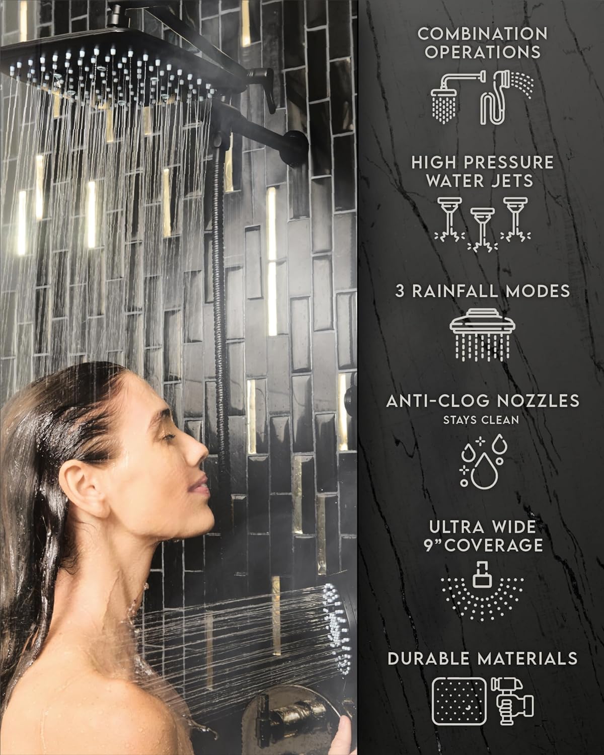 High Pressure Rain Shower Head with Handheld Sparay Combo - Easy to Install Wide Rainfall Showerhead with 23 Water Spray Modes Black Shower Heads– Adjustable Dual Showerhead with Extension Arm
