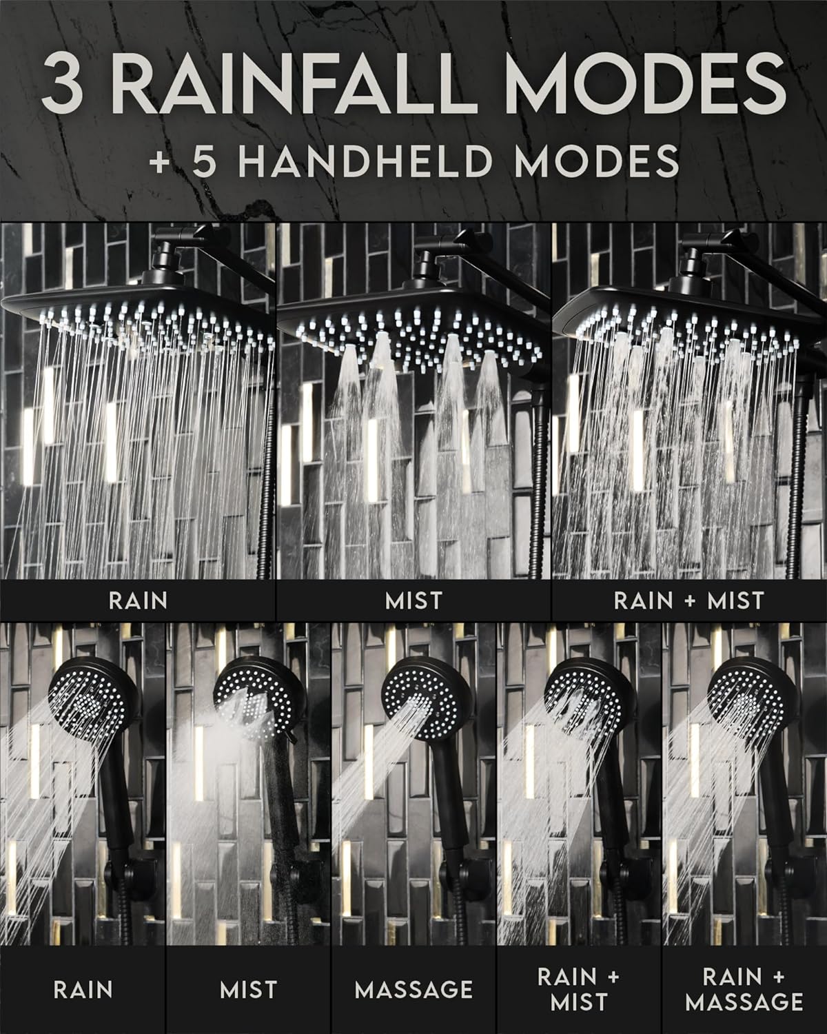 High Pressure Rain Shower Head with Handheld Sparay Combo - Easy to Install Wide Rainfall Showerhead with 23 Water Spray Modes Black Shower Heads– Adjustable Dual Showerhead with Extension Arm