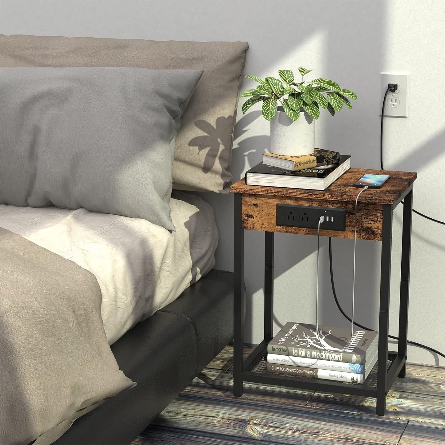 Nightstand Set of 2, Bedside Table with Charging Station for Bedroom, Industrial Side End Table with USB Ports and Power Outlets for Farmhouse