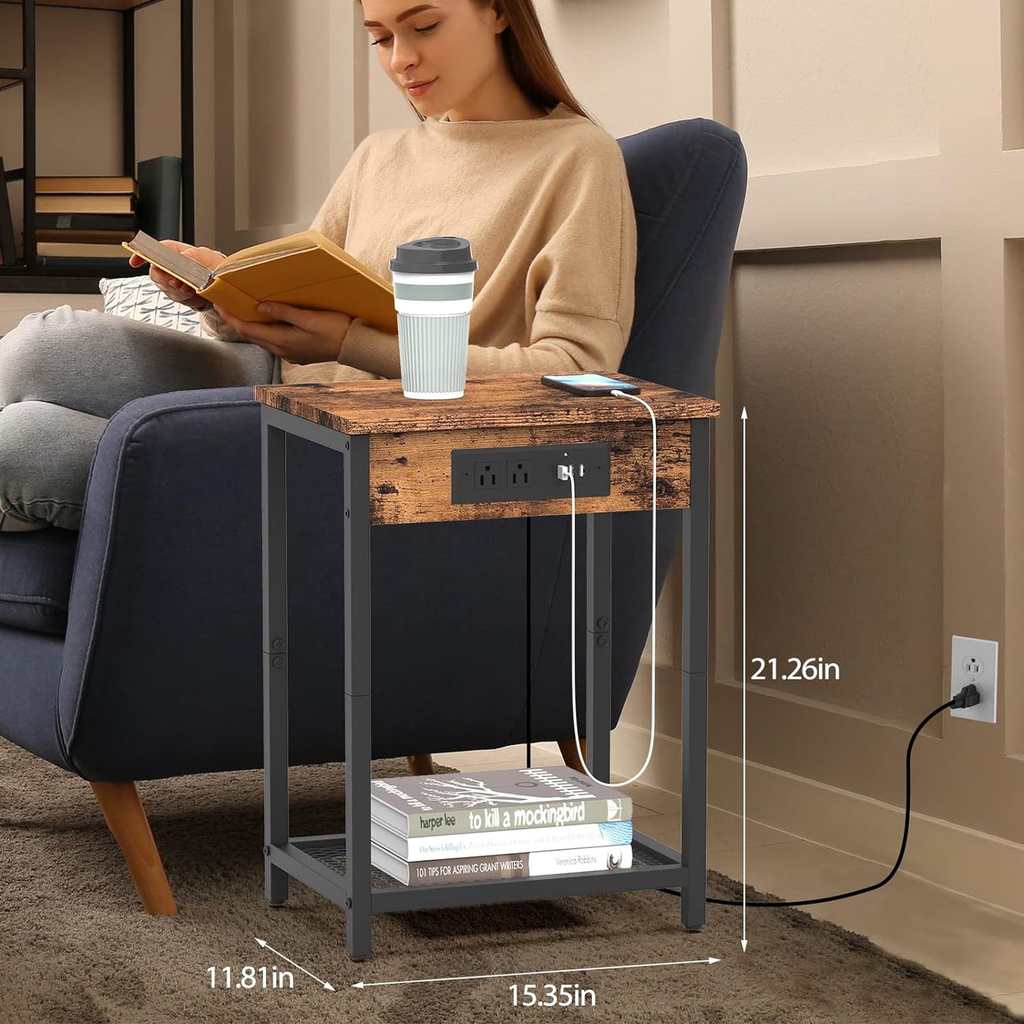 Nightstand Set of 2, Bedside Table with Charging Station for Bedroom, Industrial Side End Table with USB Ports and Power Outlets for Farmhouse