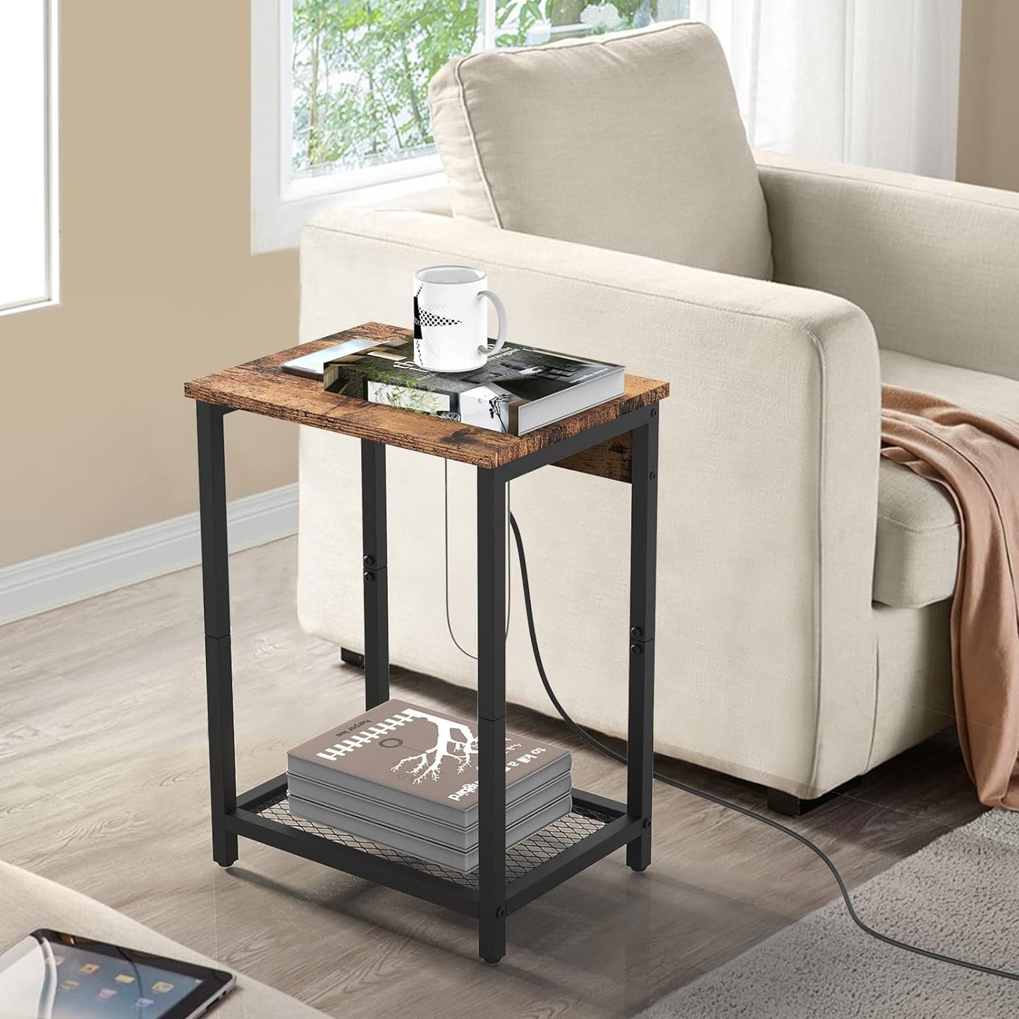 Nightstand Set of 2, Bedside Table with Charging Station for Bedroom, Industrial Side End Table with USB Ports and Power Outlets for Farmhouse
