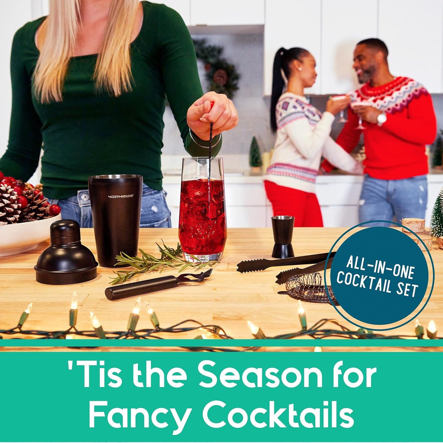 8-Piece Black Matte Cocktail Shaker Set with Pine Wood Stand, Recipe Cards, and Bar Accessories - Christmas Gift Ideas