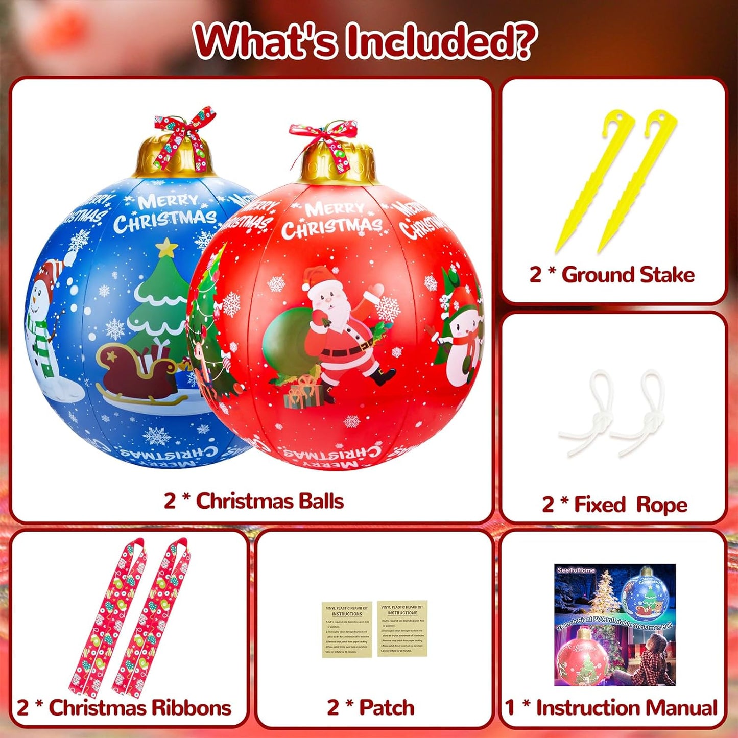 Inflatable Christmas Balls with 2 Christmas Ribbon, 24'' Giant Christmas Inflatable Decorations Ornaments Ball, Christmas Decorations Ball for Outside Indoor Holiday Yard Lawn Decor, Red&Blue