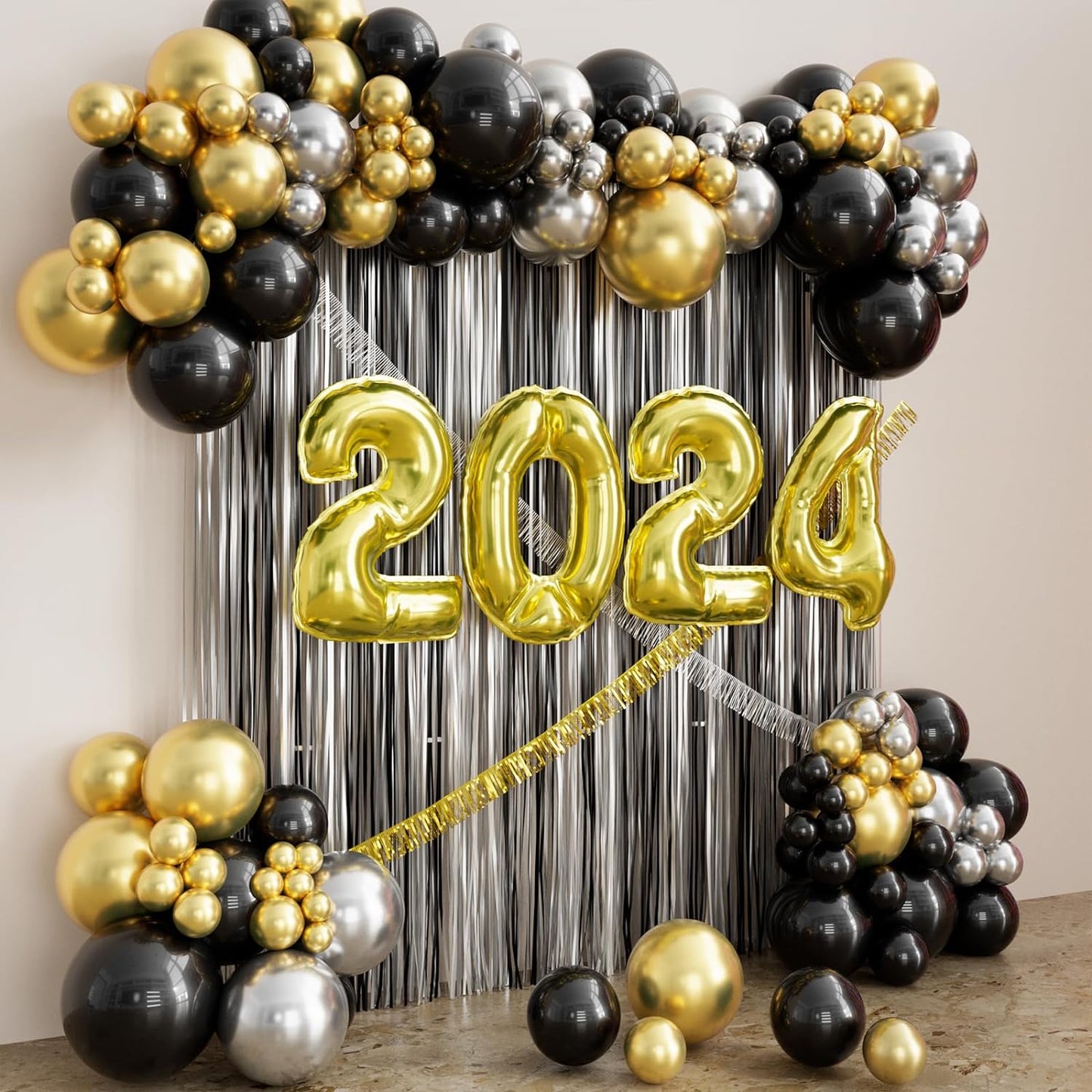 New Years Eve Party Supplies 2024 Black Silver Fringe Curtain Backdrop 2024 Golden Balloons Happy New Year Balloon Garland Arch Kit Happy New Year Decorations