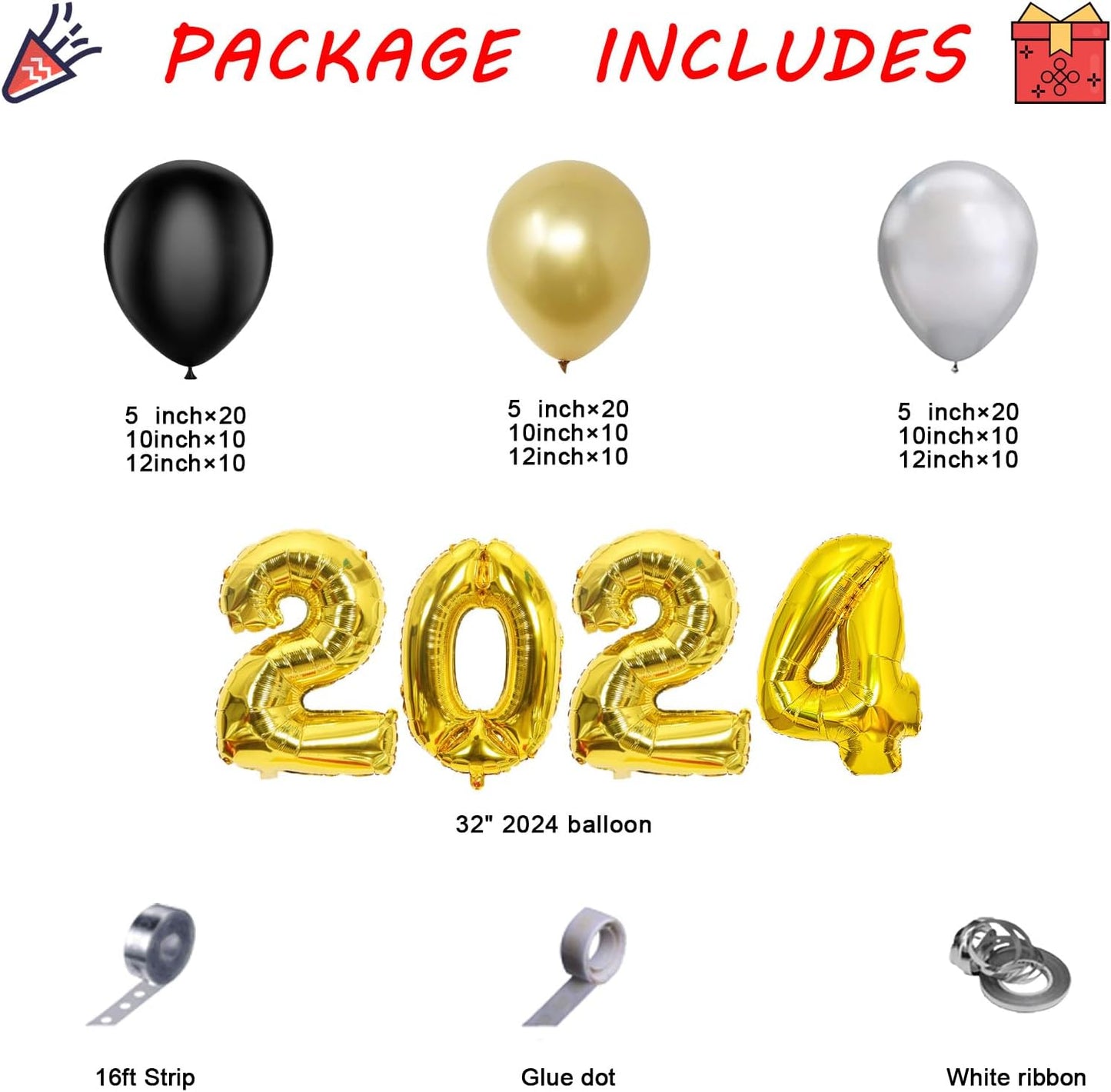 New Years Eve Party Supplies 2024 Black Silver Fringe Curtain Backdrop 2024 Golden Balloons Happy New Year Balloon Garland Arch Kit Happy New Year Decorations