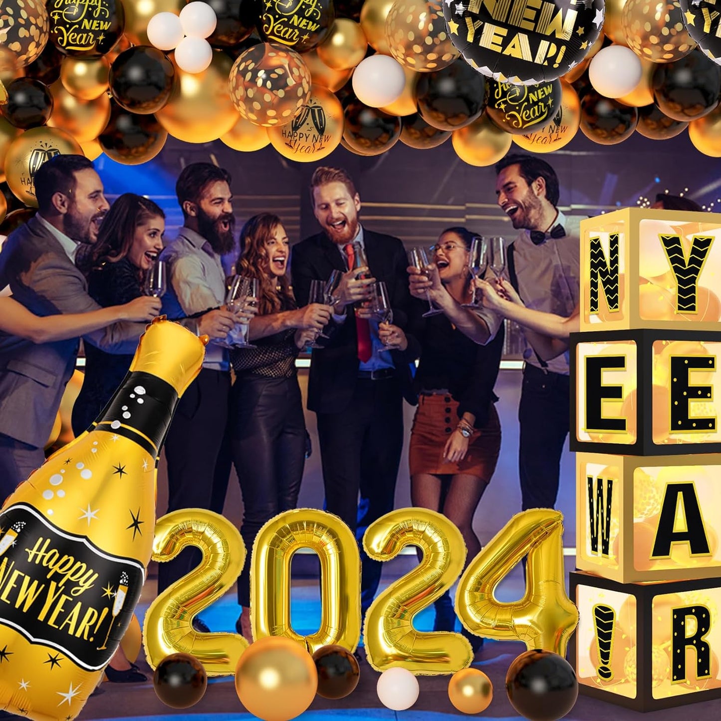 New Years Eve Party Supplies with Black and Gold Garland Arch Kit New Year Balloon Boxes 2024 Champagne Foil Balloons for Happy New Year Birthday Party Decor Backdrop