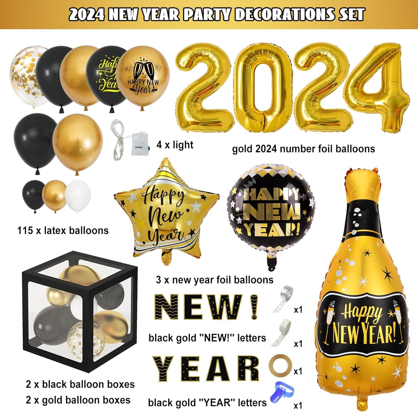 New Years Eve Party Supplies with Black and Gold Garland Arch Kit New Year Balloon Boxes 2024 Champagne Foil Balloons for Happy New Year Birthday Party Decor Backdrop